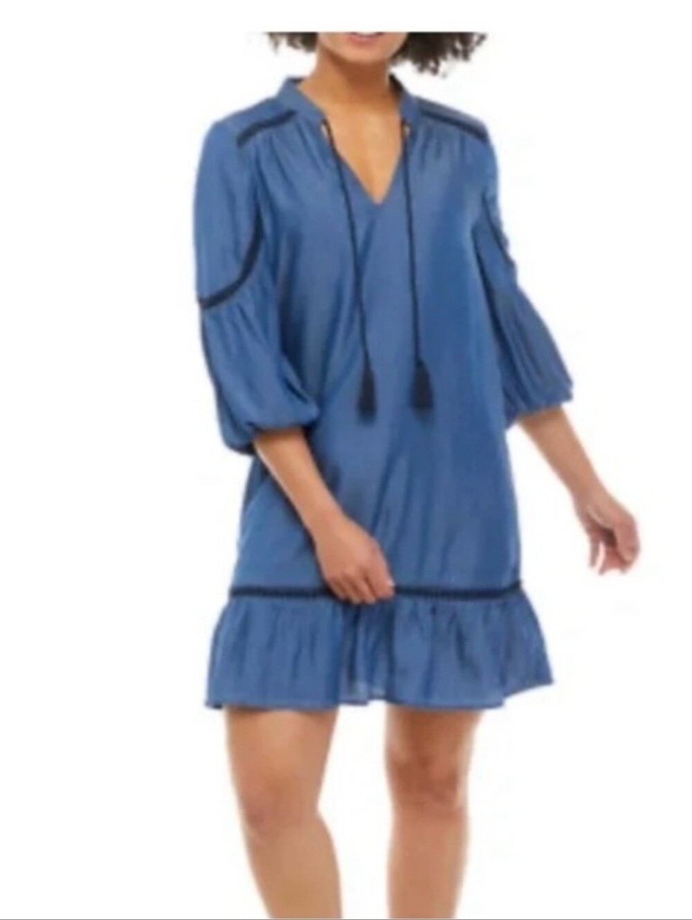 Blue TasselLESS V-Neck Ruffle Hem Dress w/o Forearm Piping